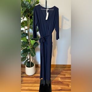 NY Collection Deep Blue V-Neck Jumpsuit with tie